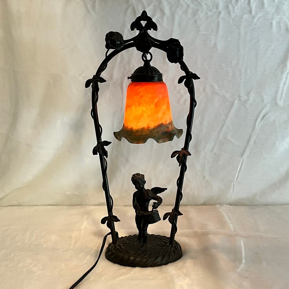 Art Nouveau Style Cherub Accent Lamp With Ruffled Glass Shade & Iffland Mark